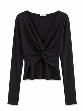 Suzy Shier Black Ribbed Twist-Knot Deep V-Neck Long Sleeve Top – Size XL EUC